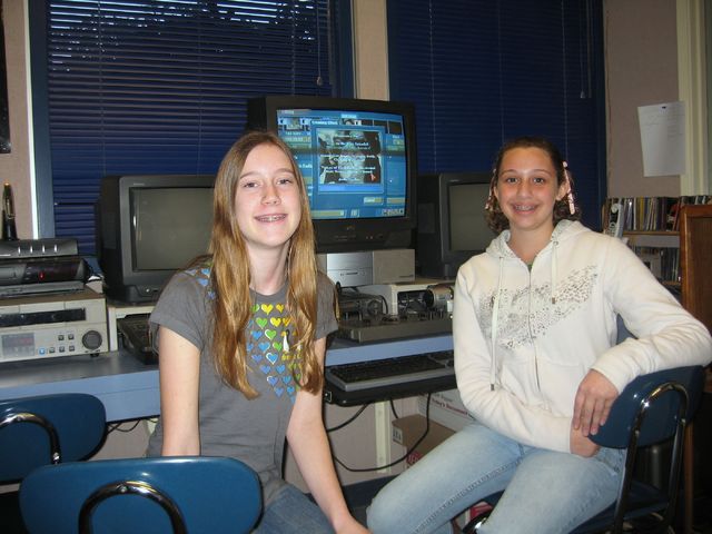 Fruitvale Jr. High students Allie Molen and Ali Castellanos work on their video documentary in the school tech lab.